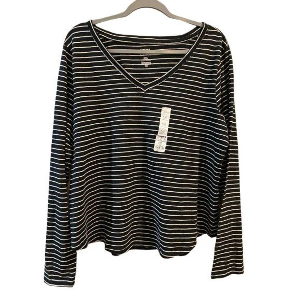 Women's XXL Everyday Tee Sonoma Long Sleeve Black w/ White Stripe V-neck T-Shirt